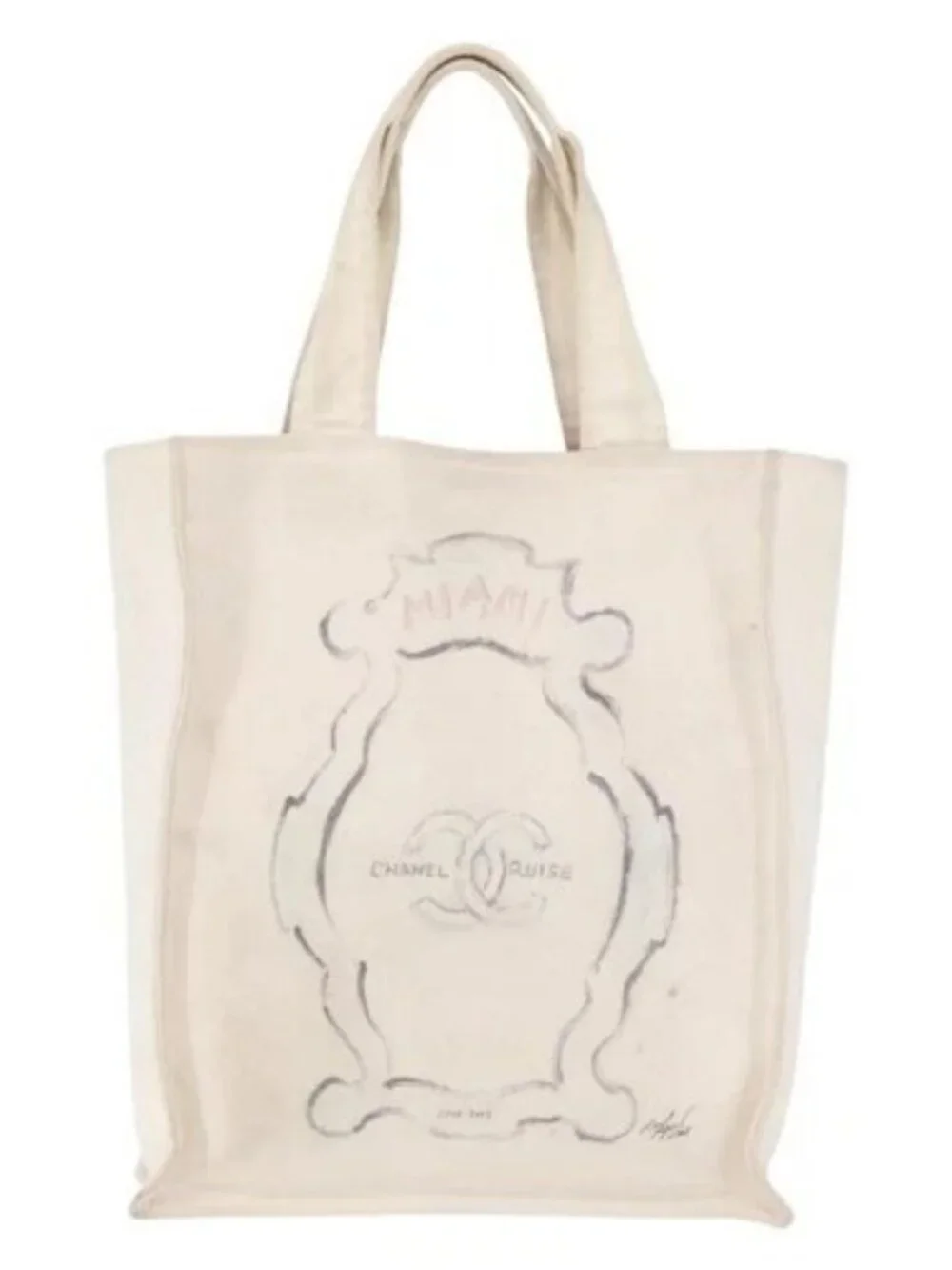 CHANEL Tote Bag Canvas White Silver CC Auth BA12534A